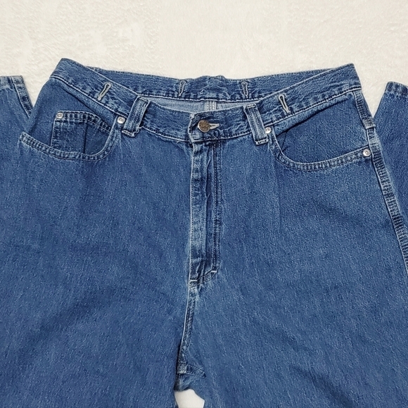 VINTAGE 90s Lee Riveted Dark Wash Wide Leg High Rise Skater Loose Fit Jeans - Picture 6 of 13